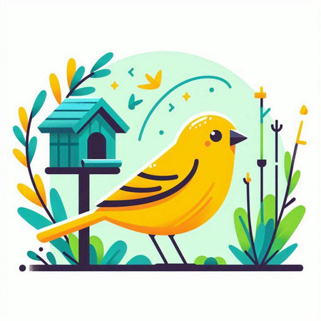 Cute yellow bird and birdhouse. Vector illustration in flat styleのイラスト素材