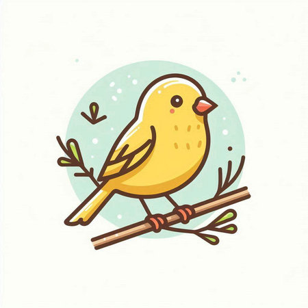 Cute little yellow bird sitting on a branch. Vector illustration.のイラスト素材