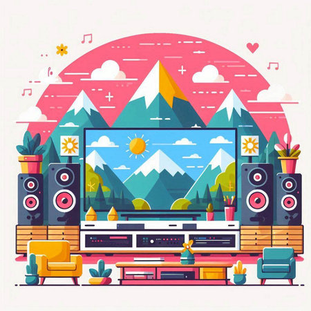 Living room with mountains and home interior. Vector illustration in flat styleのイラスト素材
