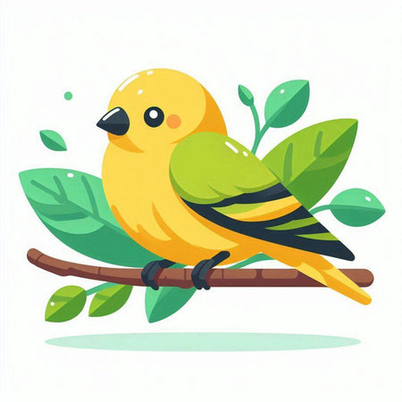 Vector illustration of cute yellow bird sitting on a branch. Flat style.のイラスト素材