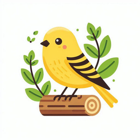 Cute yellow bird on a log with leaves. Vector illustration.のイラスト素材