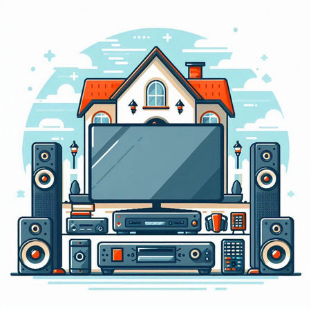Home entertainment concept. Home theater, home stereo system, audio speakers, home stereo system. Vector illustrationのイラスト素材