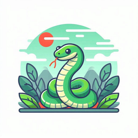 Cute green snake on the grass. Vector illustration in flat style.のイラスト素材