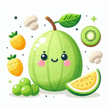 Cute kawaii watermelon character with fruits and vegetables. Vector illustrationのイラスト素材