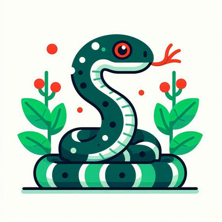 Cute cartoon snake on white background. Vector illustration in flat style.のイラスト素材