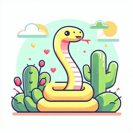 Cute snake in the desert with cactus. Vector illustration.のイラスト素材