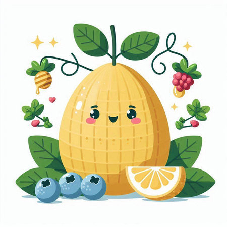 Cute kawaii lemon fruit character with berries. Vector illustrationのイラスト素材