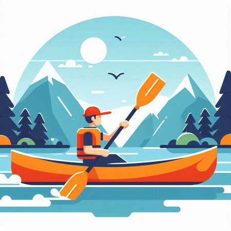 Kayaking on the river in the mountains. Flat vector illustration.のイラスト素材