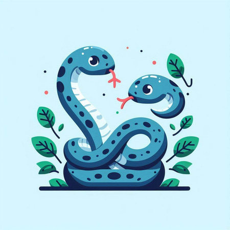Cute cartoon snake with green leaves. Vector illustration on blue background.のイラスト素材