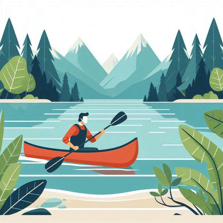 Kayaking on the lake in the mountains. Vector illustration in flat styleのイラスト素材