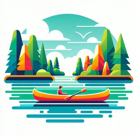 Fisherman in a boat on the river. Vector illustration.のイラスト素材
