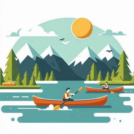 Kayaking on the lake. Vector illustration in flat cartoon style.のイラスト素材
