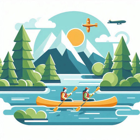 Kayaking on the lake. Vector illustration in a flat style.のイラスト素材