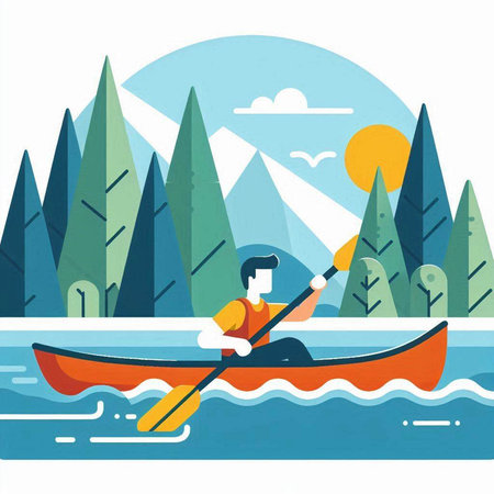 Man in kayak on the lake. Vector illustration in flat styleのイラスト素材