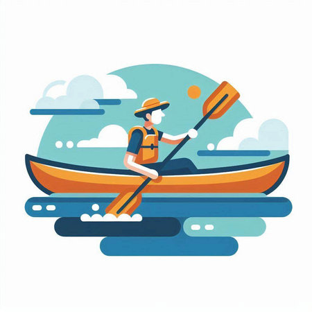 Man in a kayak on the sea. Flat vector illustration.のイラスト素材
