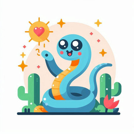Cute cartoon snake and cactus. Vector illustration in flat styleのイラスト素材