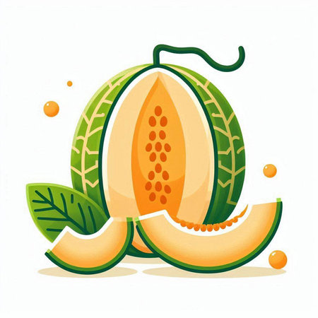 Melon with leaves and slices isolated on white background. Vector illustration.のイラスト素材