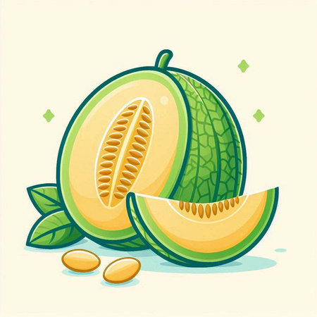Cantaloupe melon with green leaves. Vector illustration.のイラスト素材