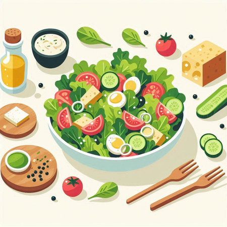 Salad with tomatoes, cucumbers, eggs, cheese and olive oilのイラスト素材