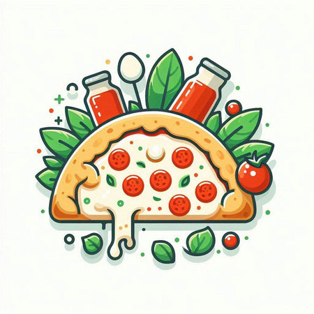 Pizza slice with tomato, pepper, mozzarella and basil. Vector illustration.のイラスト素材