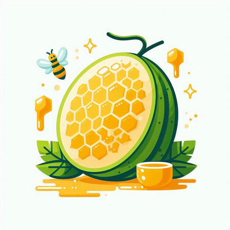 Illustration of melon with honey and bees. Vector illustration.のイラスト素材