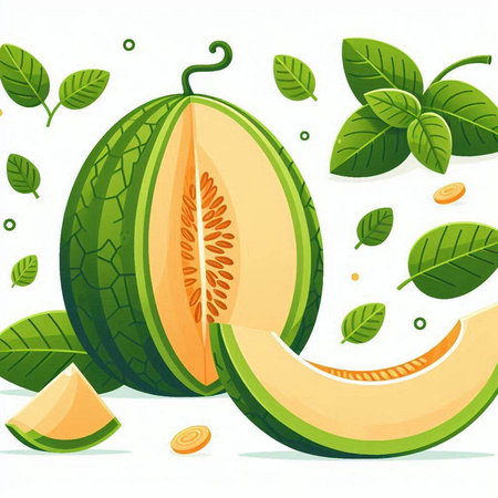 Melon slice and green leaves on white background. Vector illustration.のイラスト素材