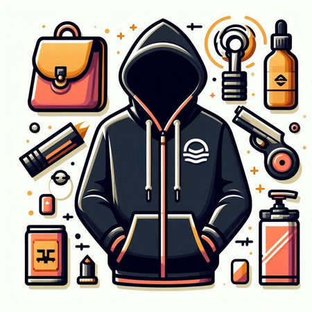 Hooded man in a hoodie with a set of iconsのイラスト素材