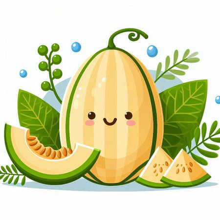 Cute kawaii melon character with leaves on white backgroundのイラスト素材