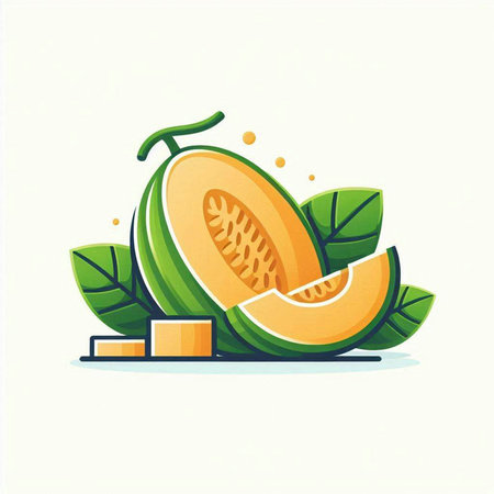 Melon with green leaves and slices isolated on white background. Vector illustration.のイラスト素材