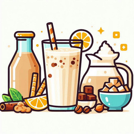 Milk shake with cinnamon, lemon and ice. Vector illustration.のイラスト素材