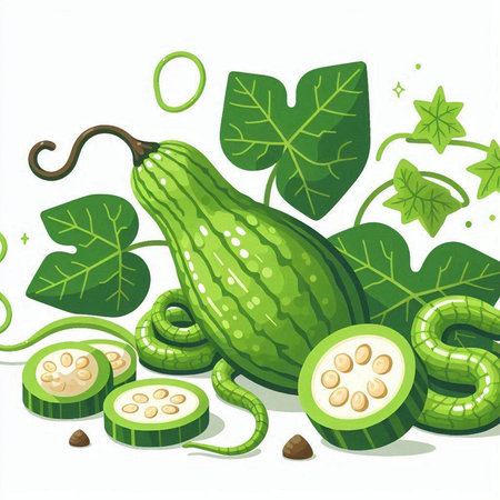 Illustration of a green gourd with leaves on white backgroundのイラスト素材