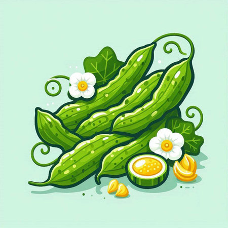 Illustration of green beans with leaves and flowers on a green backgroundのイラスト素材