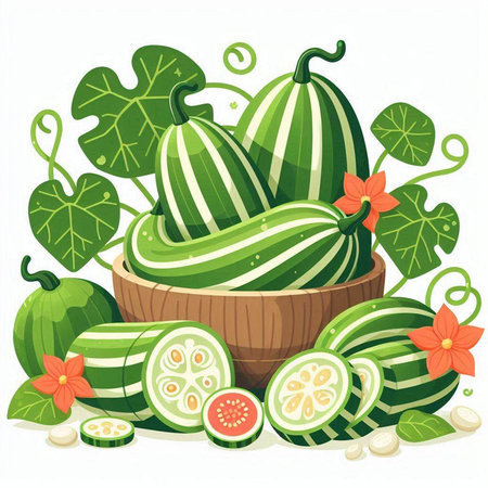 Illustration of fresh watermelons with leaves and flowers on white backgroundのイラスト素材