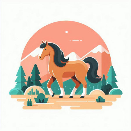 Horse in the mountains. Flat style vector illustration for web, site, advertising, banner, poster.のイラスト素材