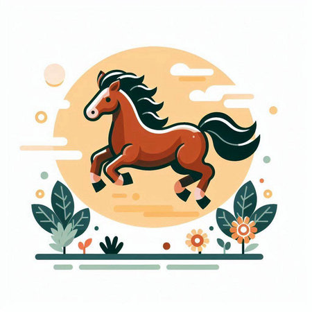 Horse running in the park. Vector illustration in flat style.のイラスト素材