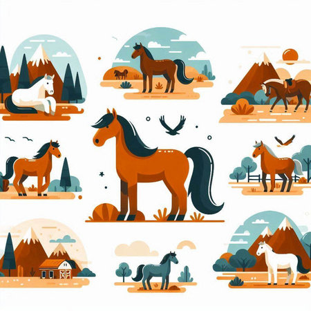 Horses and mountains flat icons set. Cartoon illustration of horse and mountains vector icons for web designのイラスト素材