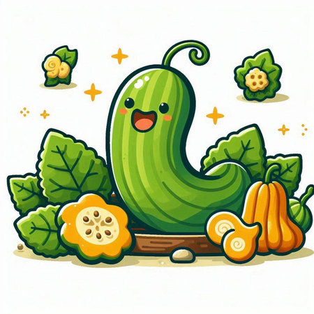 Illustration of Cucumber Cartoon Character with Vegetables and Fruitsのイラスト素材