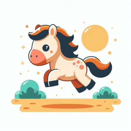 Cute cartoon horse running on the meadow. Vector illustration.のイラスト素材