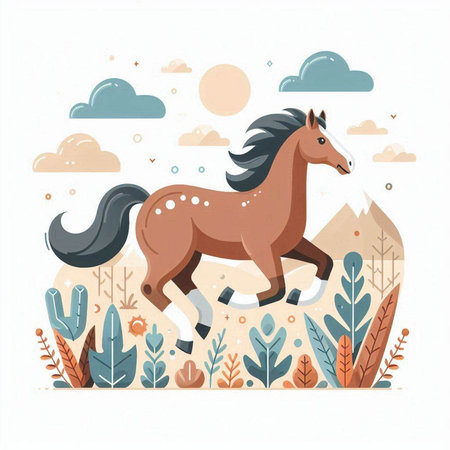 Horse running in the forest. Vector illustration in flat style.のイラスト素材