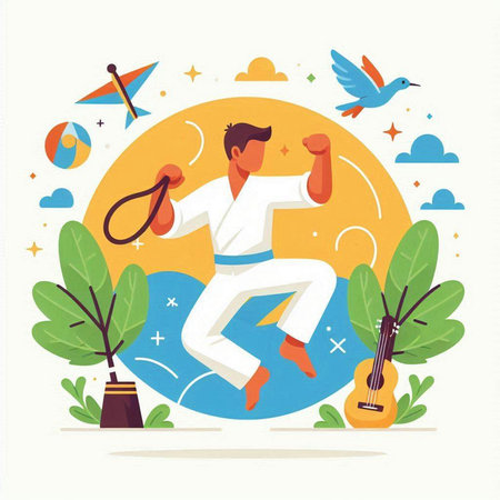 Tae Kwon Do student practicing in the park. Vector illustrationのイラスト素材