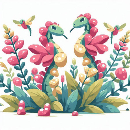 Illustration of a cute dragon in the garden with flowers and plantsのイラスト素材