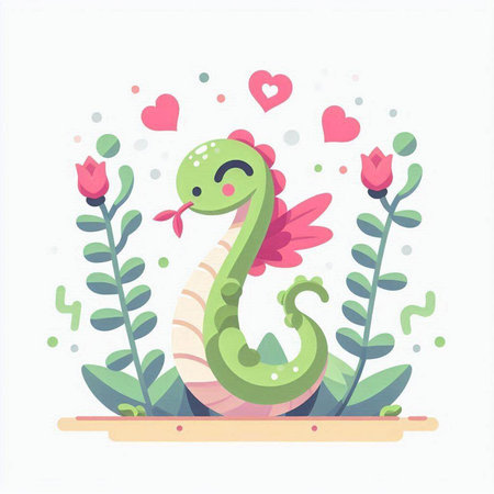 Cute cartoon snake and flowers on white background. Vector illustration.のイラスト素材