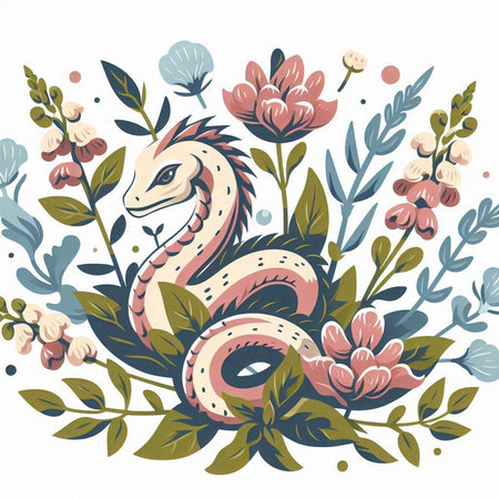 Hand drawn vector illustration of a snake surrounded by flowers and plants.のイラスト素材