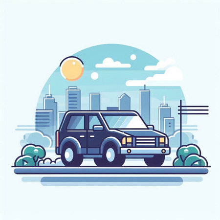 Car on the road in the city. Flat style vector illustration.のイラスト素材