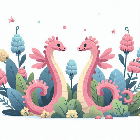 Cute cartoon dragon with flowers. Vector illustration for your design.のイラスト素材