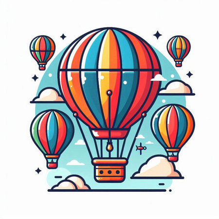 Colorful hot air balloon icon in flat line style. Vector illustration.のイラスト素材