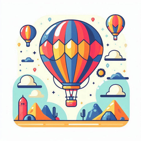 Colorful vector illustration of hot air balloon flying in the sky.のイラスト素材