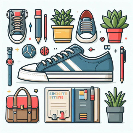 Sneakers, shoes, books and other accessories. Vector illustrationのイラスト素材