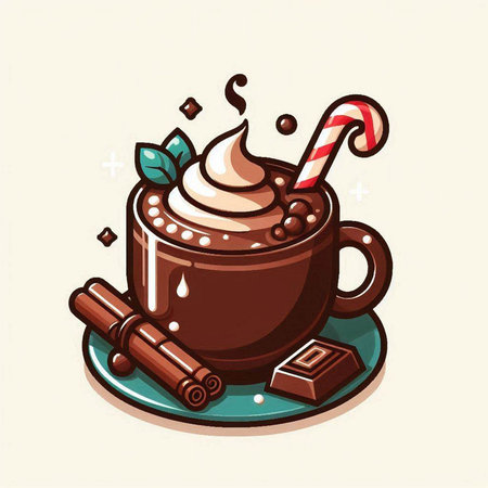 Cup of hot chocolate with whipped cream and candy cane, vector illustrationのイラスト素材