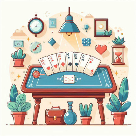 Flat design vector illustration concept for casino, poker, roulette, slot machine, playing cards, poker table with chips, dice, cards, clock, potted plants and other items.のイラスト素材